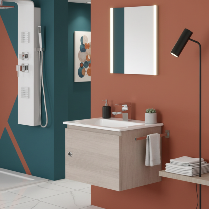 Mobile Bagno Sospeso 50 Cm Un'Anta Specchio Su Pannello 40x50 Cm colore Rovere Chiaro