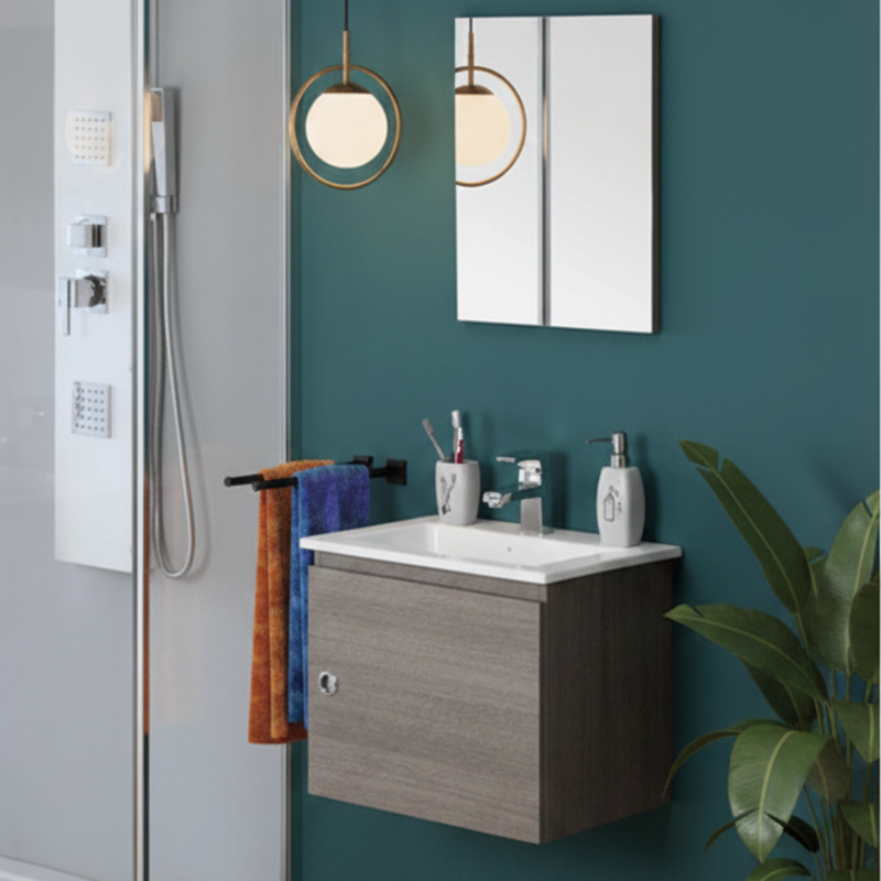 Mobile Bagno Sospeso 50 Cm Un'Anta Specchio Su Pannello 40x50 Cm colore Rovere Scuro
