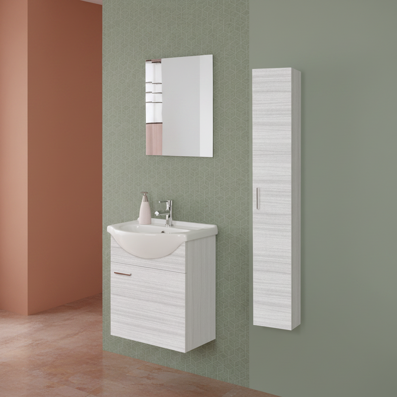 Mobile Bagno Sospeso 55 Cm Un'Anta Specchio 48x57 Cm Cubi&Co"Stella" Frassino Grigio