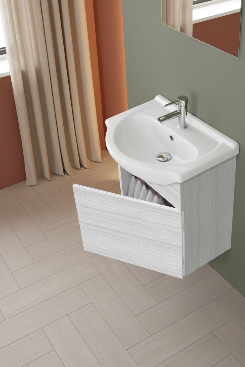 Mobile Bagno Sospeso 55 Cm Un'Anta Specchio 48x57 Cm Cubi&Co"Stella" Frassino Grigio