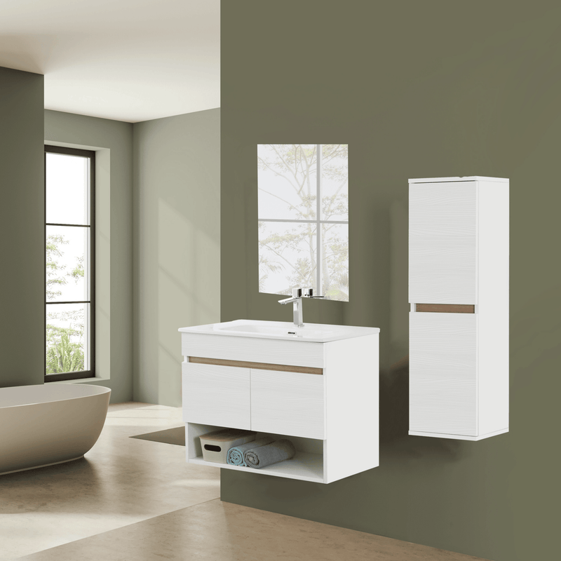 Mobile Bagno Sospeso 80 Cm Due Ante Vano a Giorno Specchio a Filo 80x60 Cm finitura Bianco Frassinato / Rovere Riviera