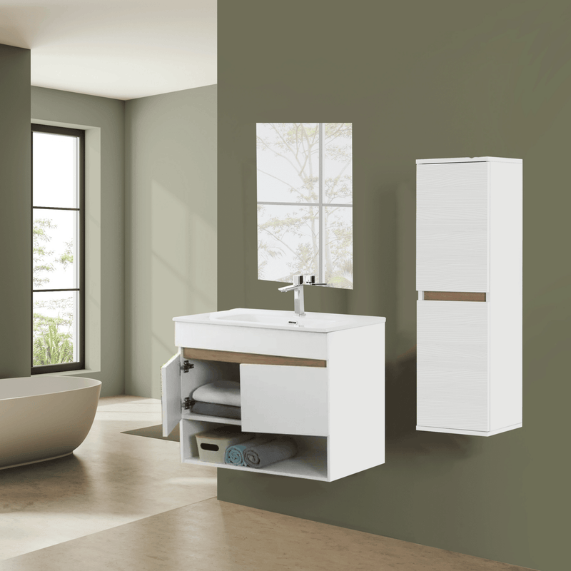 Mobile Bagno Sospeso 80 Cm Due Ante Vano a Giorno Specchio a Filo 80x60 Cm finitura Bianco Frassinato / Rovere Riviera