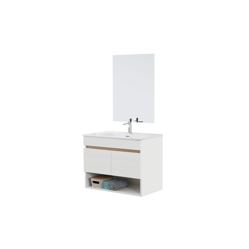 Mobile Bagno Sospeso 80 Cm Due Ante Vano a Giorno Specchio a Filo 80x60 Cm finitura Bianco Frassinato / Rovere Riviera