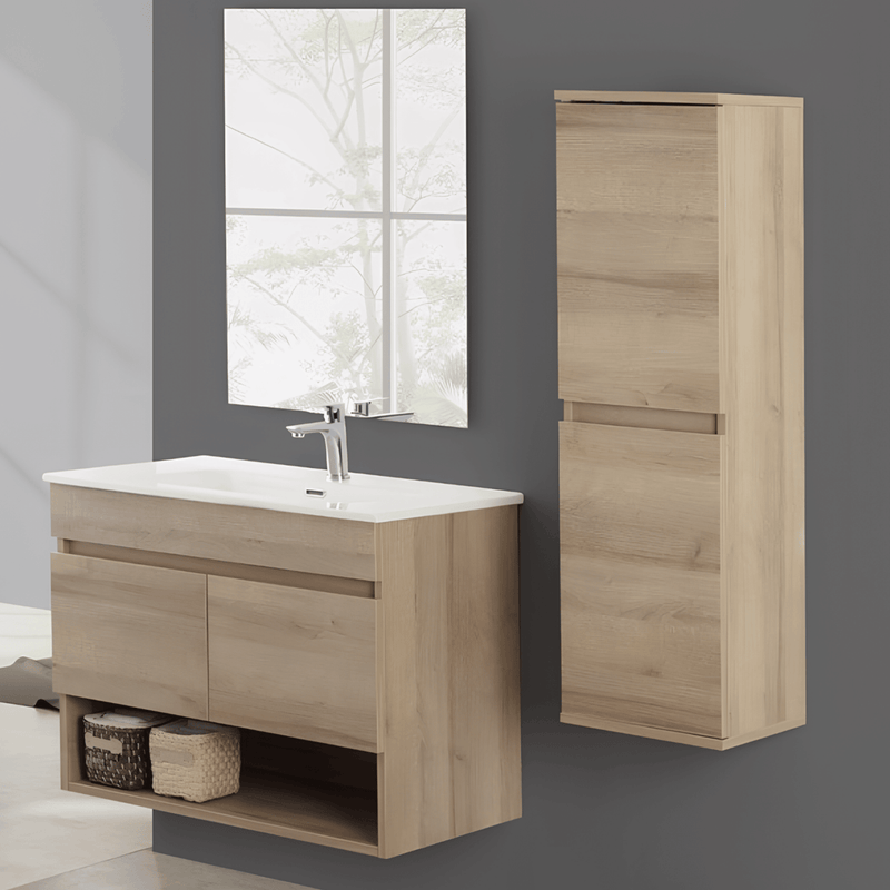 Mobile Bagno Sospeso 80 Cm Due Ante Vano a Giorno Specchio a Filo 80x60 Cm finitura Rovere Riviera