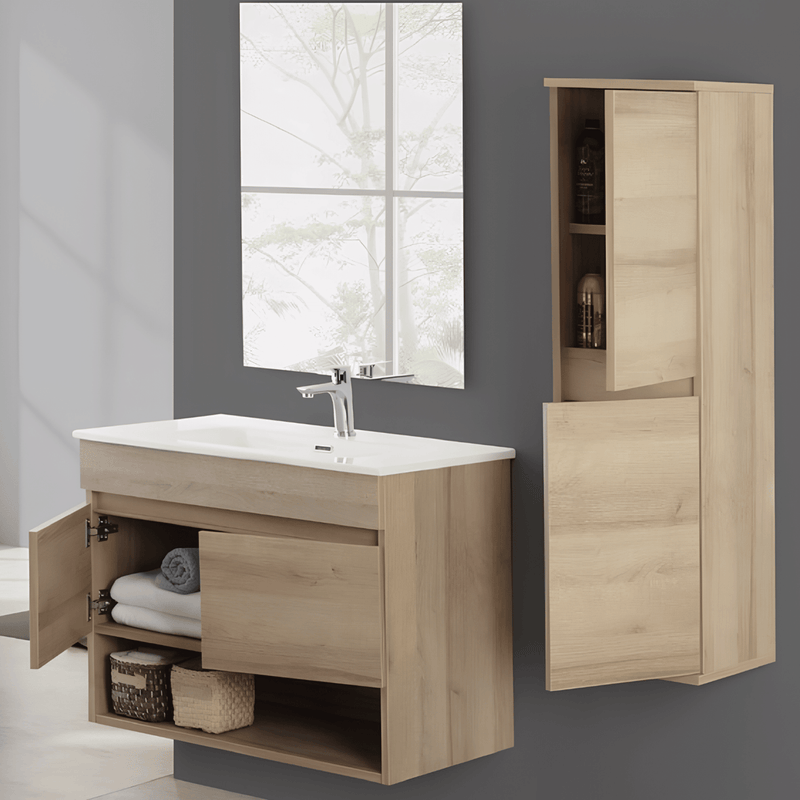 Mobile Bagno Sospeso 80 Cm Due Ante Vano a Giorno Specchio a Filo 80x60 Cm finitura Rovere Riviera