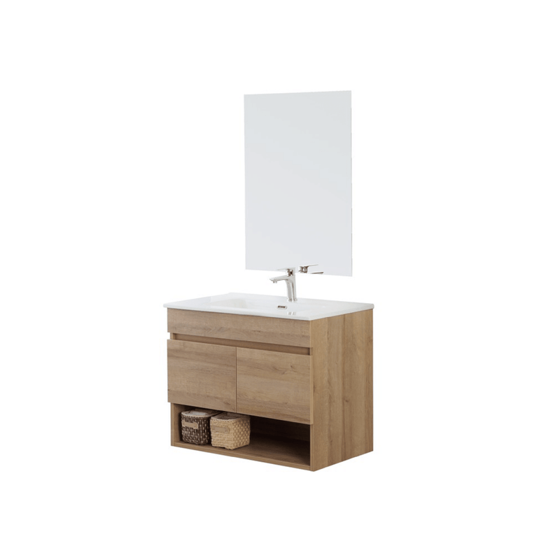 Mobile Bagno Sospeso 80 Cm Due Ante Vano a Giorno Specchio a Filo 80x60 Cm finitura Rovere Riviera