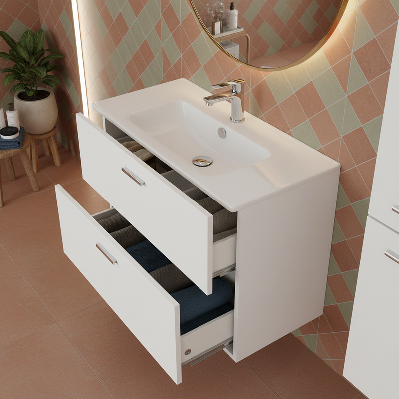 Mobile Bagno Sospeso 80 Cm Due Cassetti Specchio Con Lampada Led 62x78,5 Cm Cubi&Co "Smile" Bianco Lucido