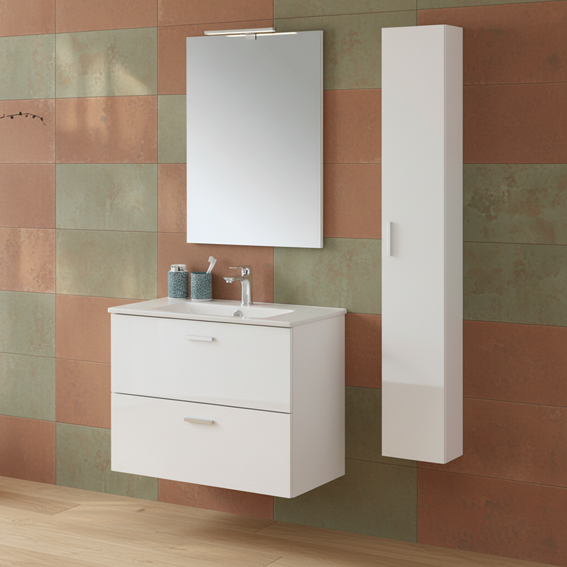 Mobile Bagno Sospeso 80 Cm Due Cassetti Specchio Con Lampada Led 62x78,5 Cm Cubi&Co "Smile" Bianco Lucido