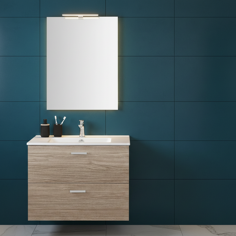 Mobile Bagno Sospeso 80 Cm Due Cassetti Specchio Con Lampada Led 62x78,5 Cm Cubi&Co "Smile" Rovere Tropea