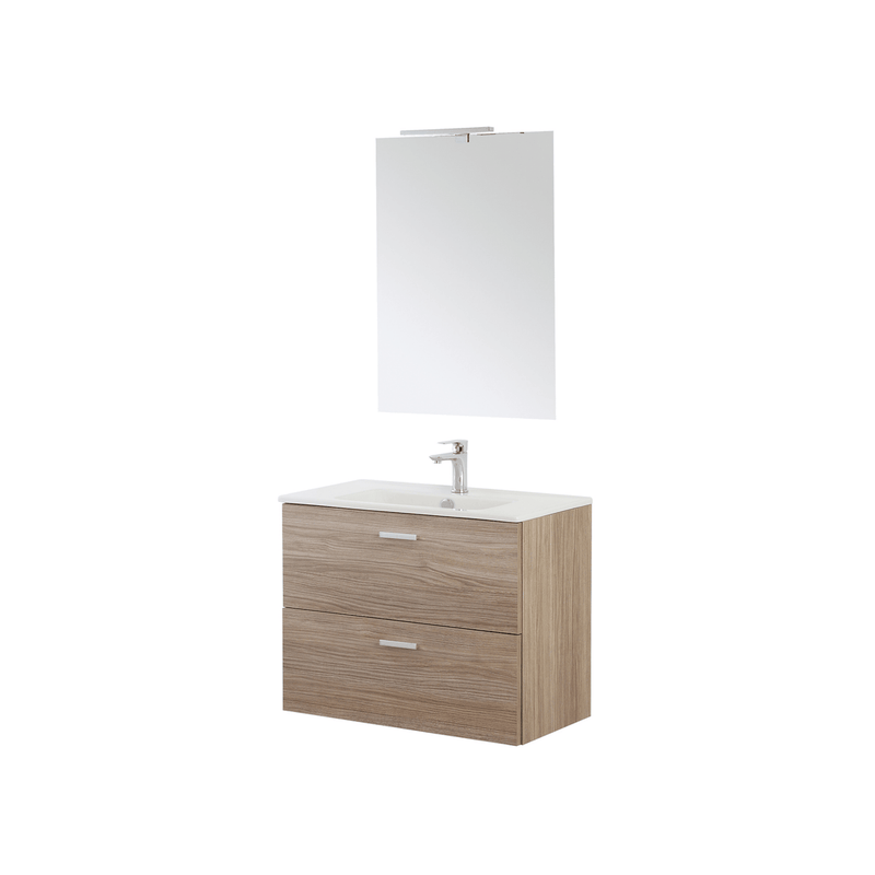 Mobile Bagno Sospeso 80 Cm Due Cassetti Specchio Con Lampada Led 62x78,5 Cm Cubi&Co "Smile" Rovere Tropea