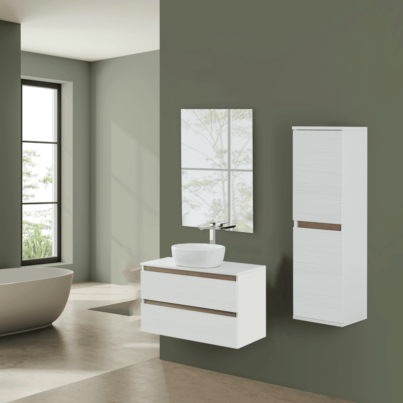 Mobile Bagno Sospeso 100 Cm Due Cassetti Specchio a Filo 80x60 Cm colore Bianco Frassinato/Rovere Riviera