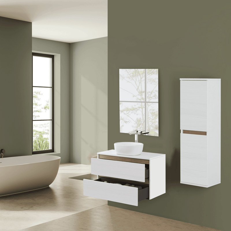 Mobile Bagno Sospeso 100 Cm Due Cassetti Specchio a Filo 80x60 Cm colore Bianco Frassinato/Rovere Riviera