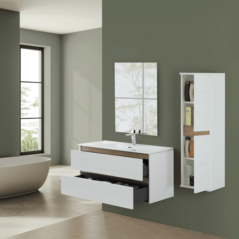 Mobile Bagno Sospeso 100 Cm Due Cassetti Specchio a Filo 80x60 Cm Finitura Bianco Frassinato / Rovere