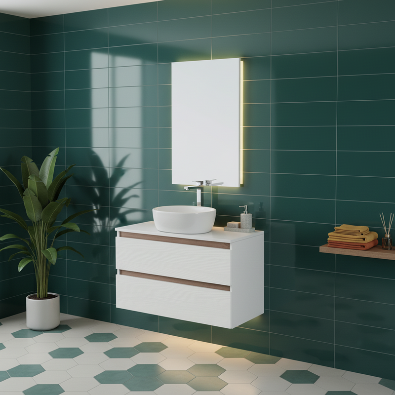Mobile Bagno Sospeso 100 Cm Due Cassetti Specchio a Filo 80x60 Cm colore Bianco Frassinato/Rovere Riviera