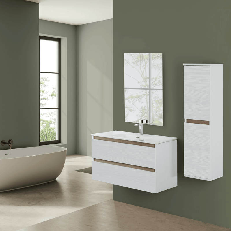 Mobile Bagno Sospeso 100 Cm Due Cassetti Specchio a Filo 80x60 Cm Finitura Bianco Frassinato / Rovere