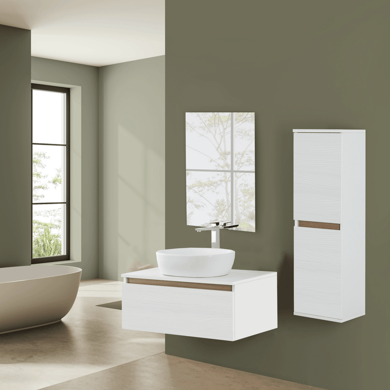 Mobile Bagno Sospeso 80 Cm Un Cassetto Specchio a Filo 80x60 Cm Bianco Frassinato/Rovere Riviera Cubi&Co collezione Mood