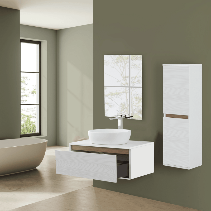 Mobile Bagno Sospeso 80 Cm Un Cassetto Specchio a Filo 80x60 Cm Bianco Frassinato/Rovere Riviera Cubi&Co collezione Mood
