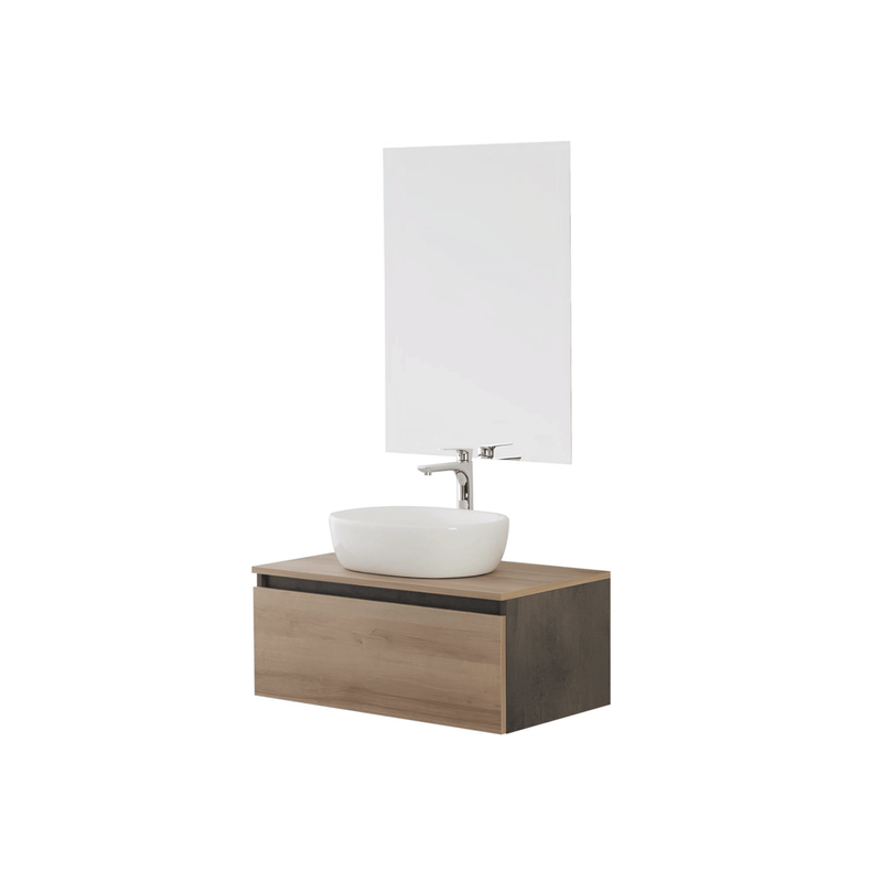 Mobile Bagno Sospeso 80 Cm Un Cassetto Specchio a Filo 80x60 Cm Ossido Grigio/Rovere Riviera Cubi&Co collezione Mood