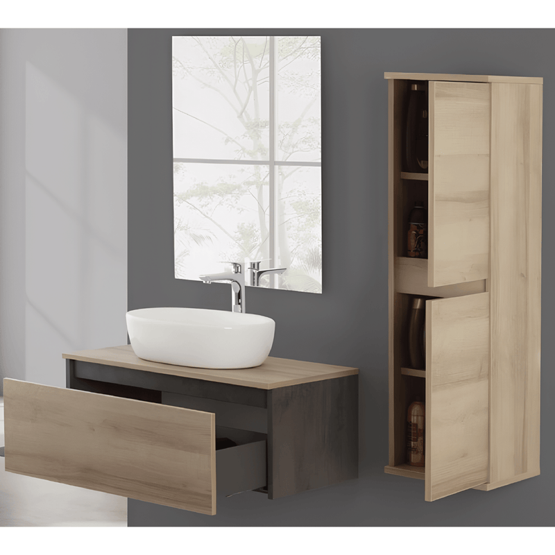 Mobile Bagno Sospeso 80 Cm Un Cassetto Specchio a Filo 80x60 Cm Ossido Grigio/Rovere Riviera Cubi&Co collezione Mood