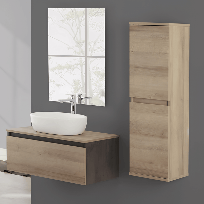 Mobile Bagno Sospeso 80 Cm Un Cassetto Specchio a Filo 80x60 Cm Ossido Grigio/Rovere Riviera Cubi&Co collezione Mood
