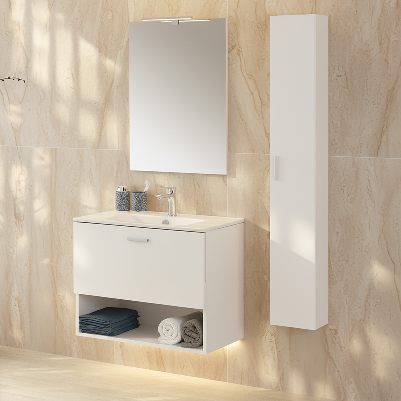Mobile Bagno Sospeso 80 Cm Un Cassetto Vano a Giorno Specchio Con Lampada Led 62x78,5 Cm Cubi&Co "Greta" Bianco Opaco