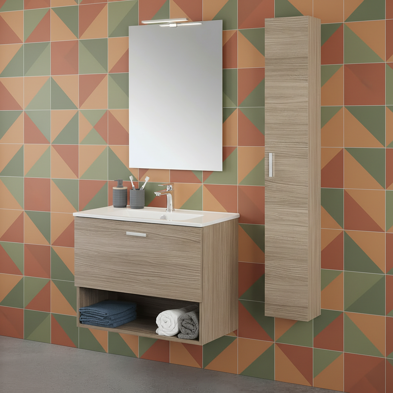 Mobile Bagno Sospeso 80 Cm Un Cassetto Vano a Giorno Specchio Con Lampada Led 62x78,5 Cm Cubi&Co "Greta" Rovere Tropea