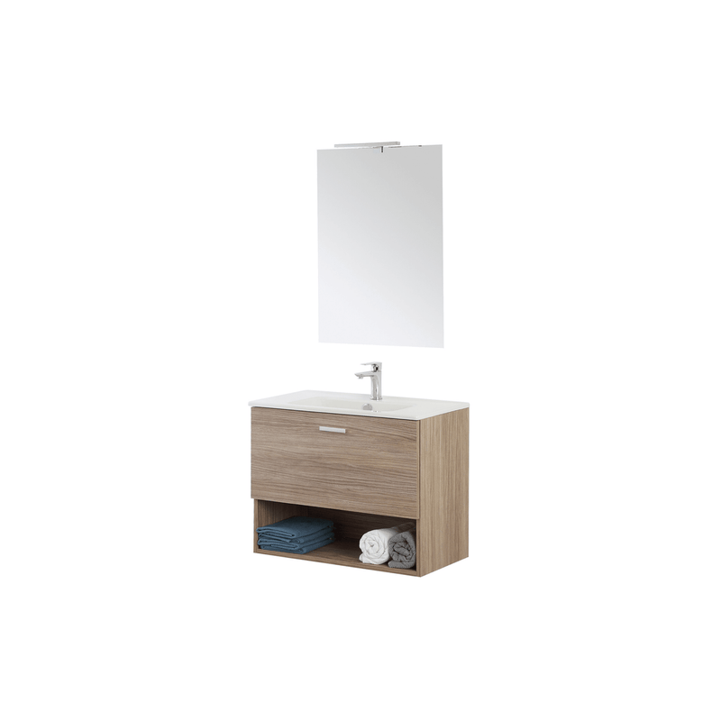 Mobile Bagno Sospeso 80 Cm Un Cassetto Vano a Giorno Specchio Con Lampada Led 62x78,5 Cm Cubi&Co "Greta" Rovere Tropea