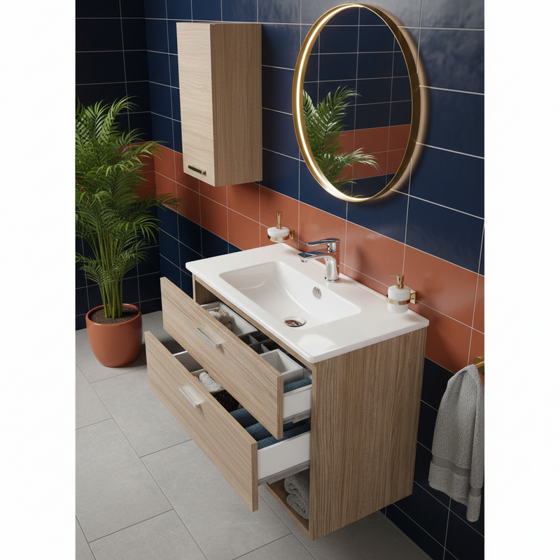 Mobile Bagno Sospeso 80 Cm Un Cassetto Vano a Giorno Specchio Con Lampada Led 62x78,5 Cm Cubi&Co "Greta" Rovere Tropea