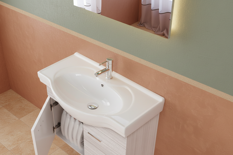 Mobile Bagno Sospeso 85 Cm Due Ante Specchio 80x60 Cm Cubi&Co "Star" Frassino Grigio