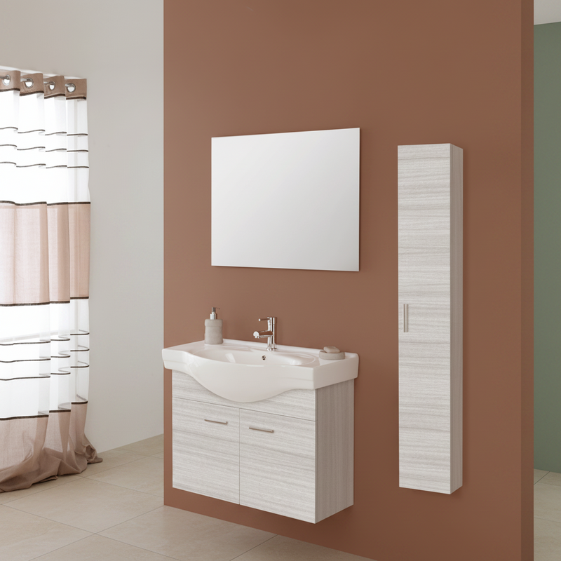 Mobile Bagno Sospeso 85 Cm Due Ante Specchio 80x60 Cm Cubi&Co "Star" Frassino Grigio