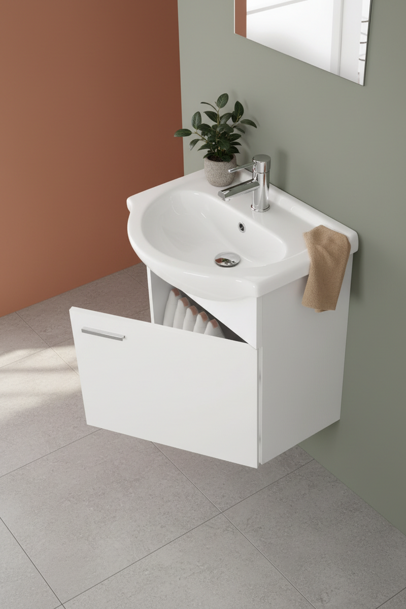 Mobile Bagno Sospeso 55 Cm Un'Anta Specchio 48x57 Cm Cubi&Co"Stella" Bianco Lucido
