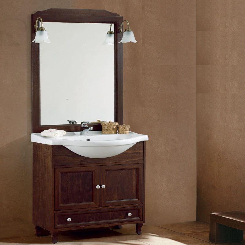 Mobile bagno a terra Classico cm 75 in legno di noce con lavabo, specchio e applique bronzati