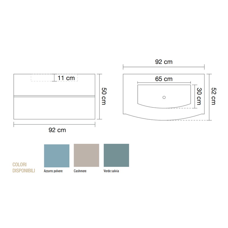 Mobile Bagno sospeso curvo 90 cm  Cubi&Co senza specchio con lavabo  e base Laccato Verde Salvia
