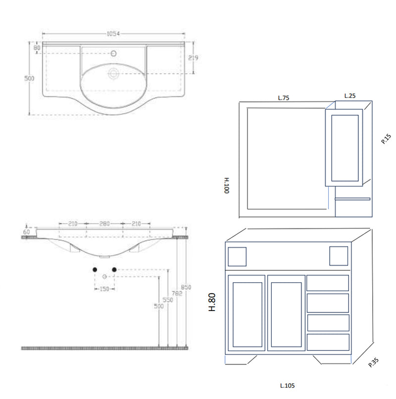 Mobile bagno arte povera Monica 105 cm con lavabo integrato e specchio