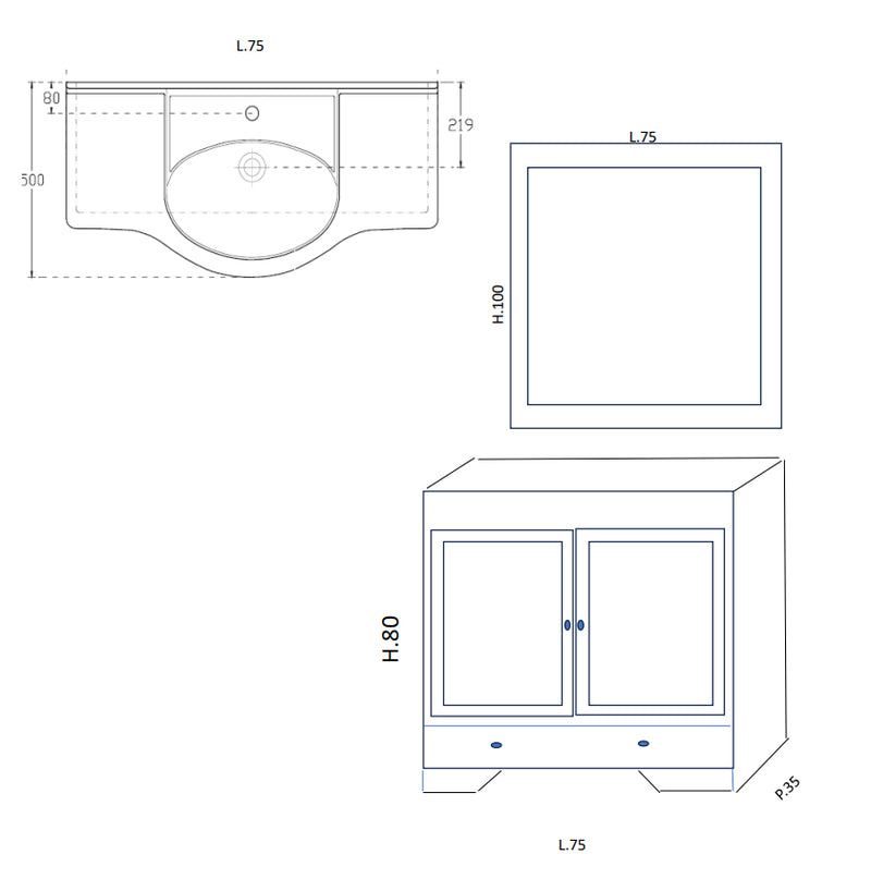 Mobile bagno arte povera Monica 75 cm con lavabo integrato e specchio