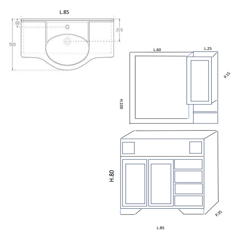 Mobile bagno arte povera Monica 85 cm con lavabo integrato e specchio
