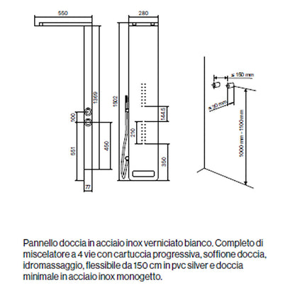 Pannello Doccia in acciaio inox verniciato bianco con miscelatore a 4 vie soffione con cascata, idromassaggio, flessibile e doccetta Monte Bianco
