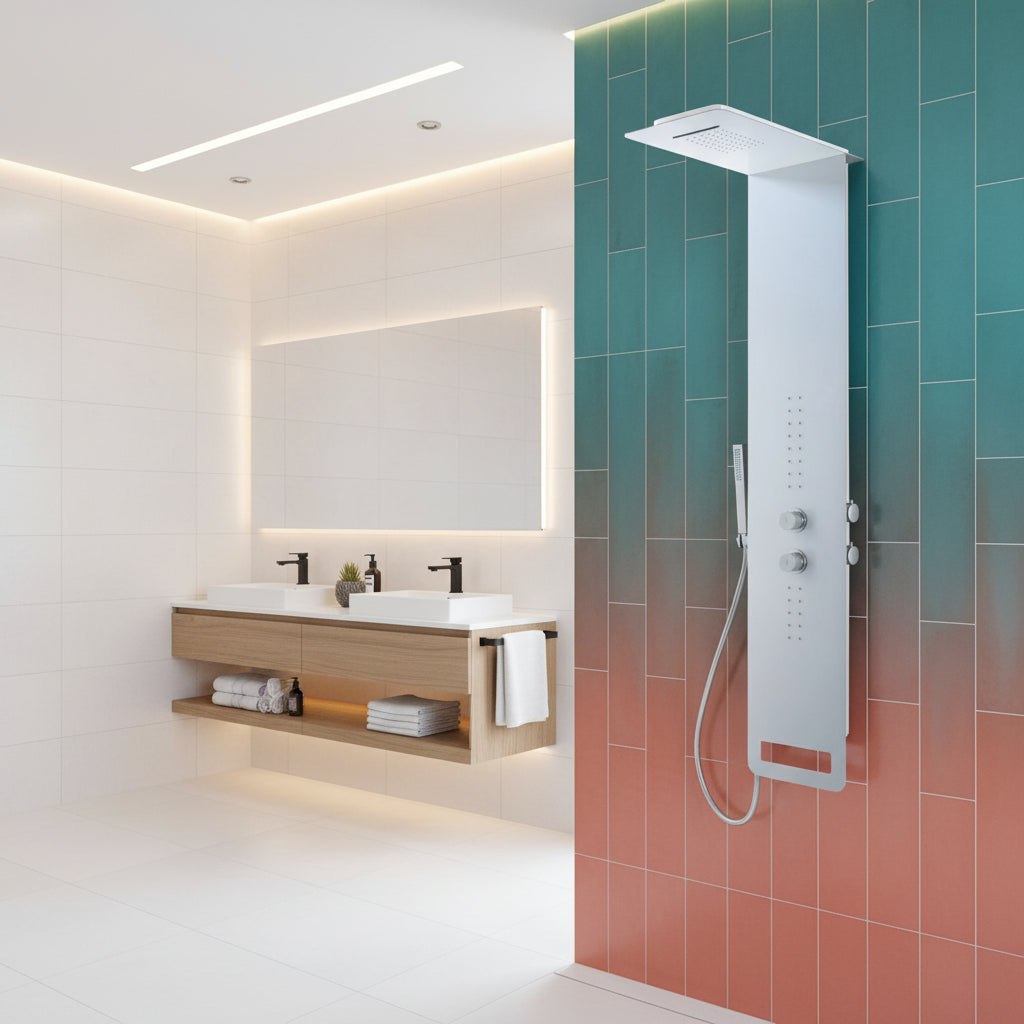 Pannello Doccia in acciaio inox verniciato bianco con miscelatore a 4 vie soffione con cascata, idromassaggio, flessibile e doccetta Monte Bianco