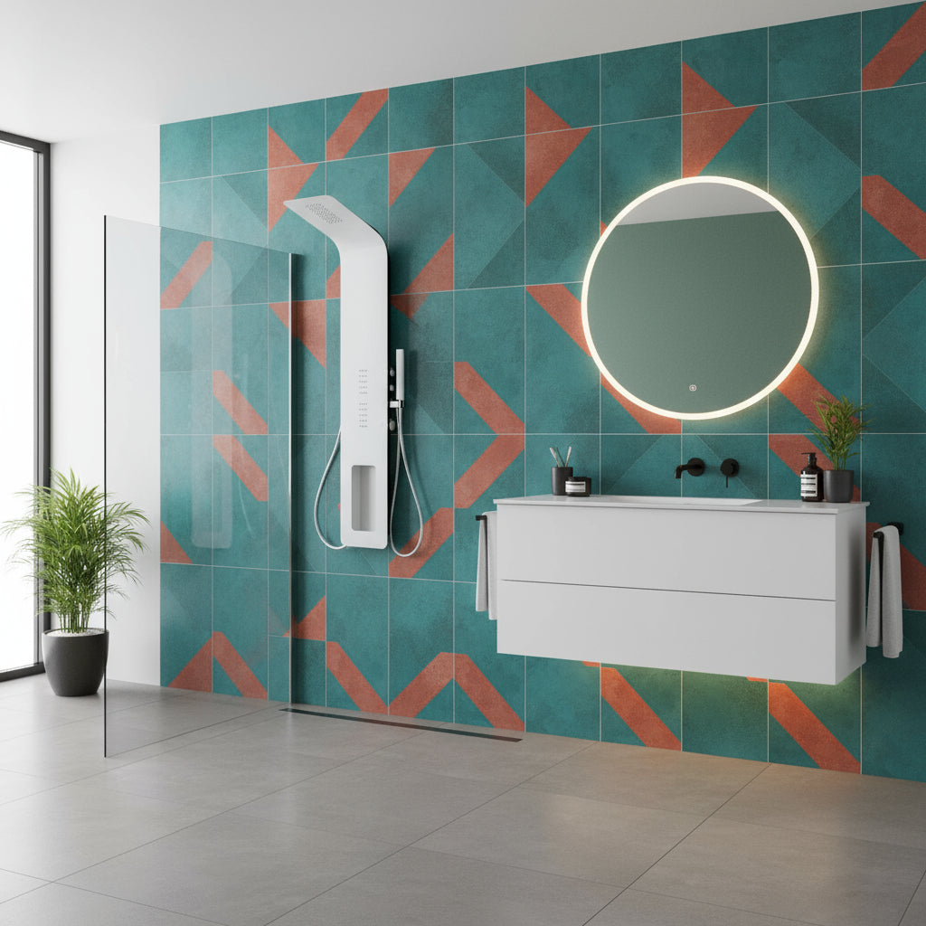 Pannello Doccia in acciaio inox verniciato bianco con miscelatore a 3 vie soffione, idromassaggio, flessibile e doccetta Monte Civetta