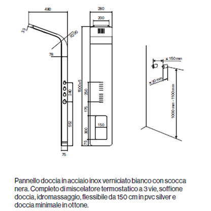 Pannello Doccia in acciaio inox verniciato bianco con miscelatore a 3 vie soffione, idromassaggio, flessibile e doccetta Monte Civetta