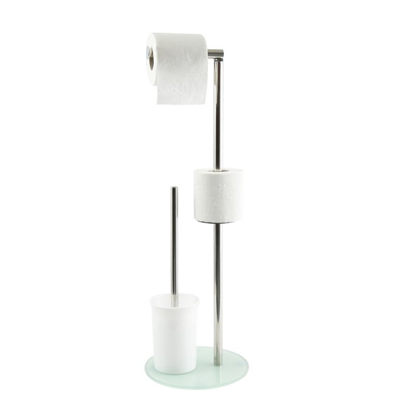 Piantana da bagno porta scopino wc e portarotolo con base in vetro e struttura in acciaio inox