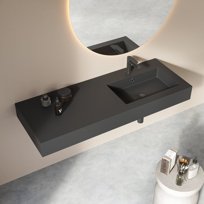 Lavabo top in mineral marmo con vasca decentrata a destra BathCore Orion 120 cm - Nero