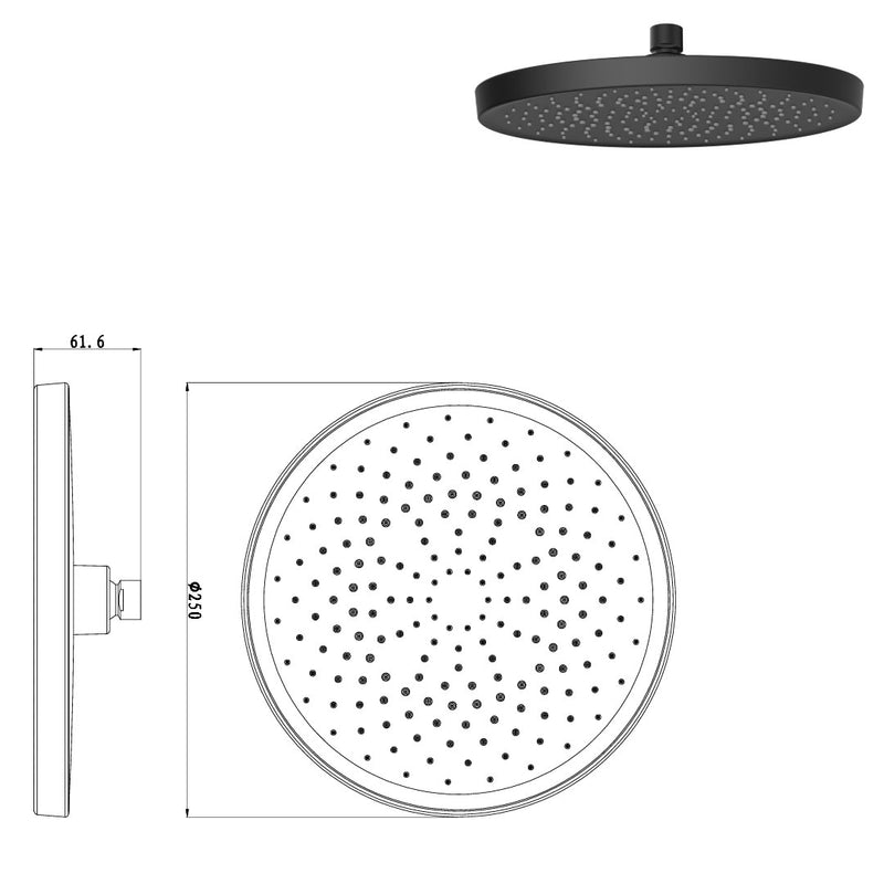 Soffione doccia in abs diametro 25 cm nero opaco con water saving