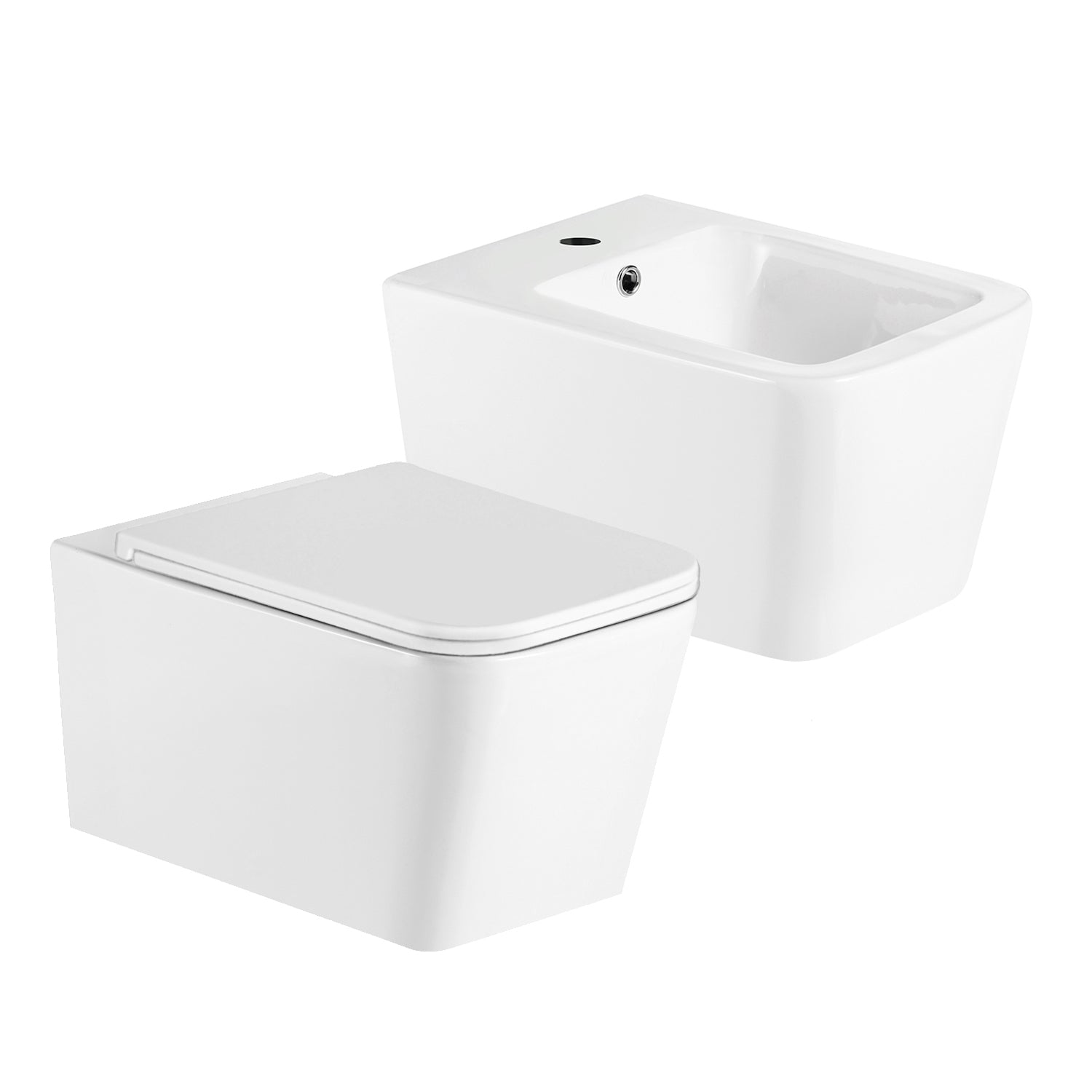 Coppia sanitari sospesi BathCore serie Etherea 52x36 cm - Vaso sospeso + bidet sospeso + copriwater