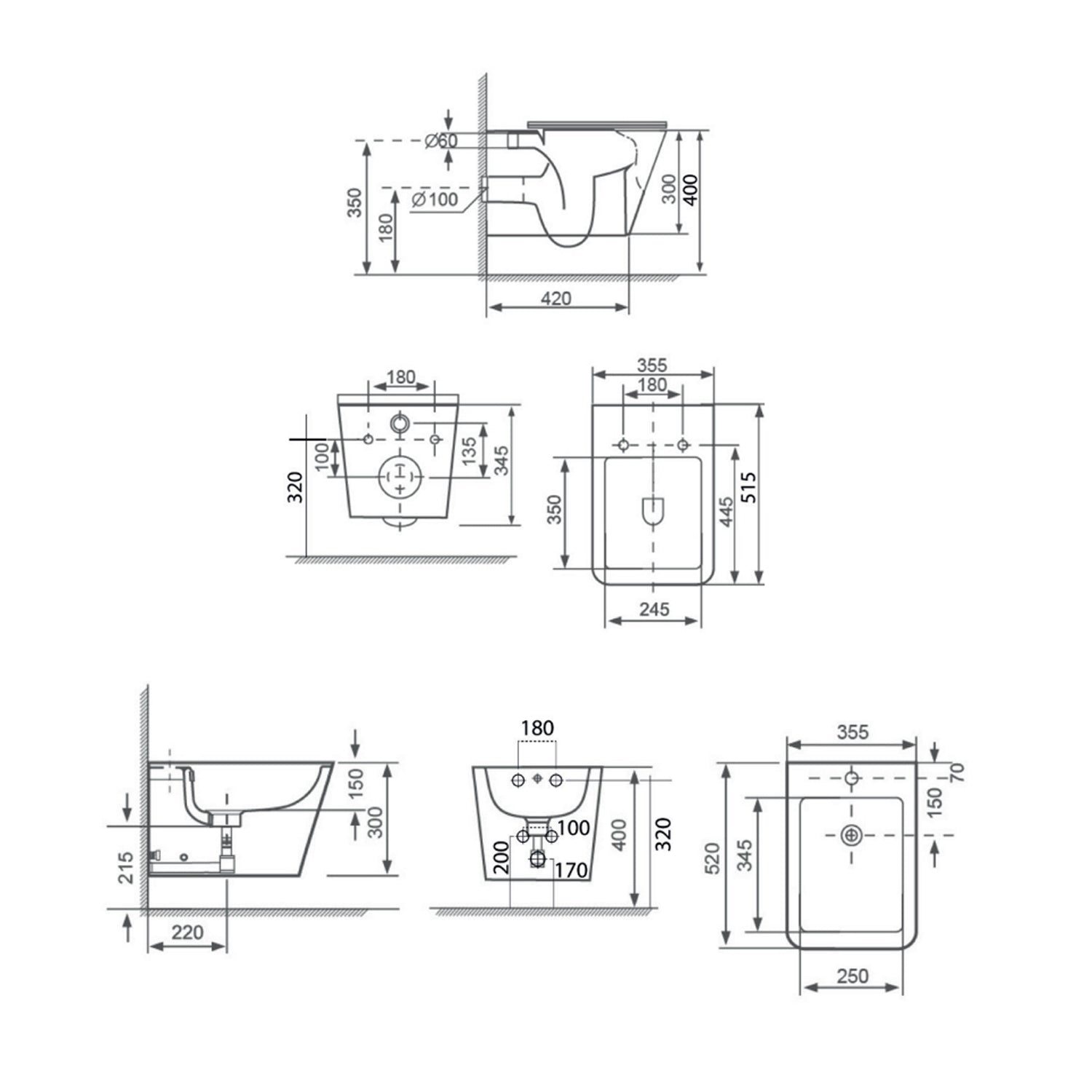 Coppia sanitari sospesi BathCore serie Etherea 52x36 cm - Vaso sospeso + bidet sospeso + copriwater