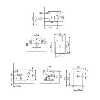 Coppia sanitari sospesi BathCore serie Etherea 52x36 cm - Vaso sospeso + bidet sospeso + copriwater