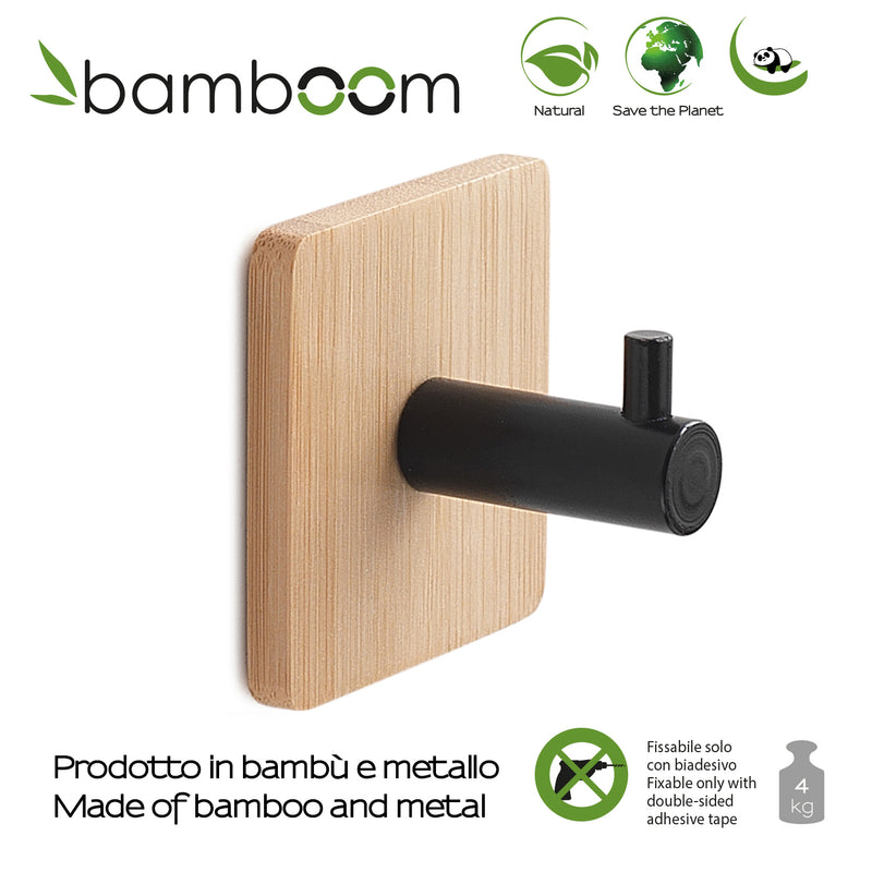 Appendiabiti modello Juncos singolo quadrato in bambu'/nero e metallo by CeramicStore | Lo specialista del tuo bagno