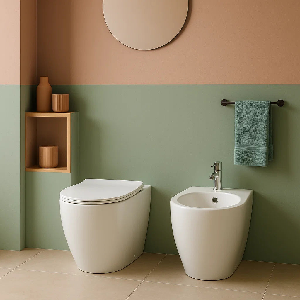 Sanitari filo parete senza brida con scarico traslato e sedile soft close Collezione Flux di Bathcore