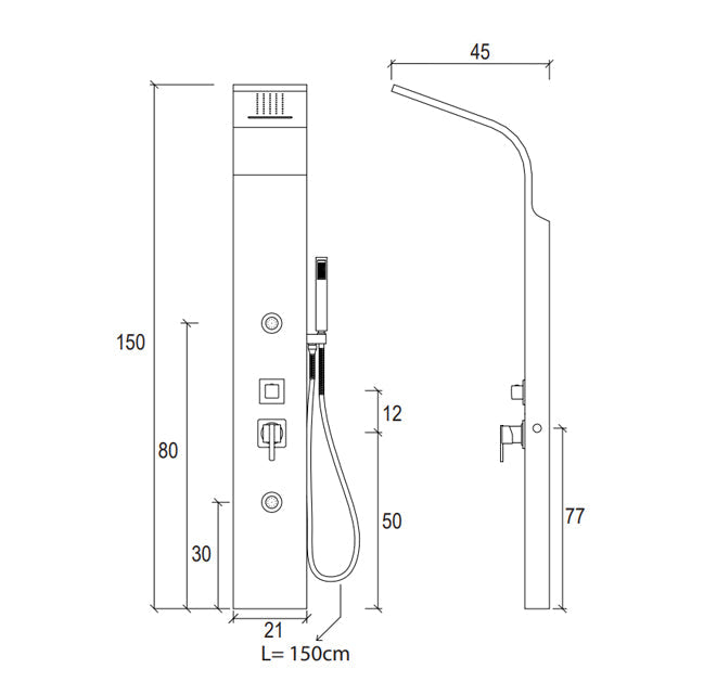 Pannello doccia in acciaio inox Deluxe DocciaGo con idrogetti e doccetta 150x21 cm - Acciaio satinato