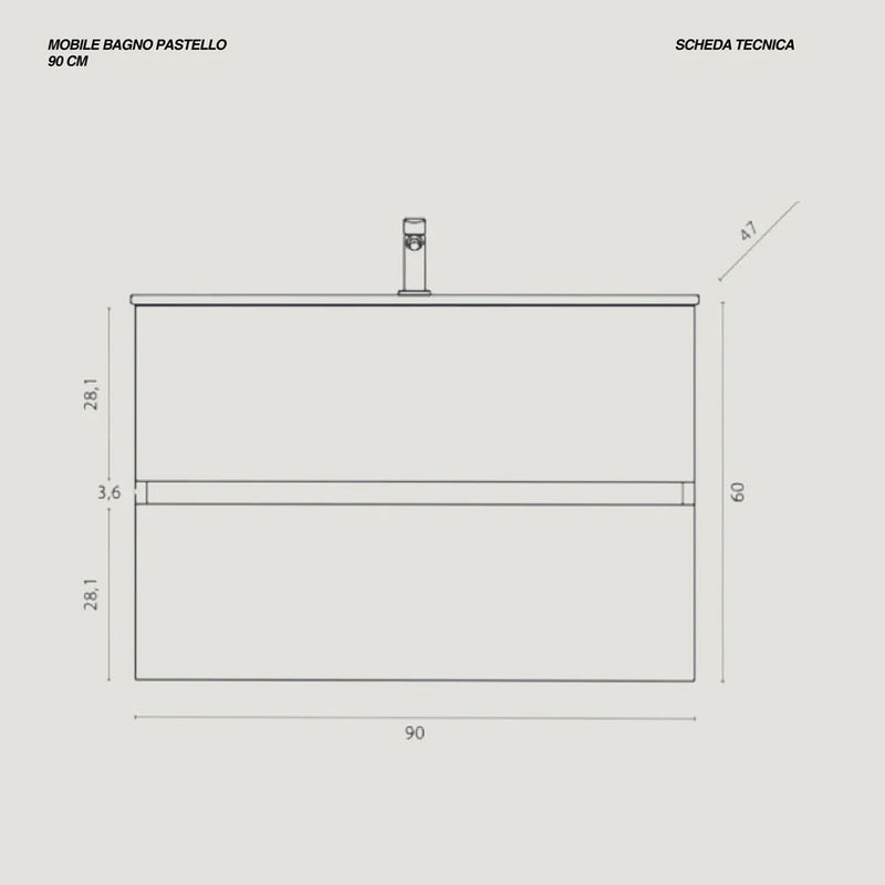 Mobile Bagno Sospeso 90 Cm Due Cassetti con Specchio Su Telaio 60x100 Cm colore Grigio Medio